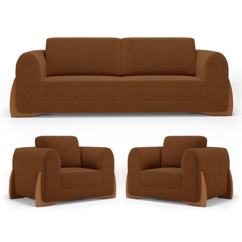 Kit 02 Poltronas e 01 Sofá Bloom 200cm 03 Lugares com Pés de Madeira Bouclê Terracota - Desk Design