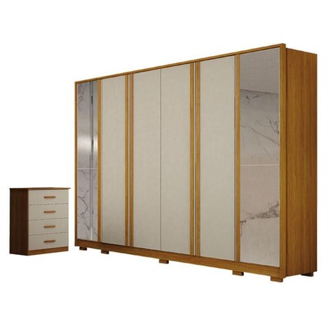 Guarda Roupa Casal Ares 6 Portas com Espelho Cinamomo Off-white com Cômoda Rubi 4 Gavetas Cinamomo o