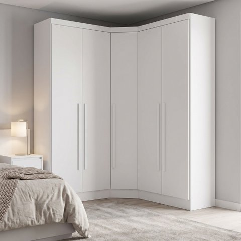 Guarda-Roupa Modulado de Canto Oblíquo 5 Portas 6 Gavetas 100% MDF Cairo Branco/Neve