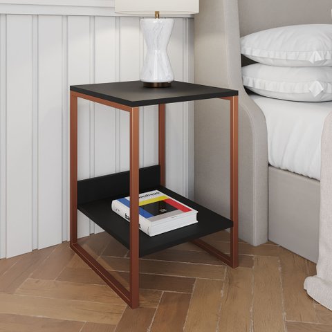 Mesa Cabeceira Lateral de Cama Industrial Preta Tókio Base Cobre