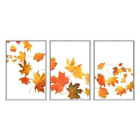 Kit 03 Quadros Decorativos - Folhas de Outono Ao Vento Flnt050 - Vidro com Impressão Uv - 60x80cm