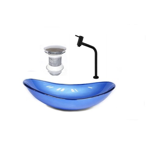 CUBA DE VIDRO OVAL 47CM AZUL ESCURO + VALVULA + TORNEIRA PRETA