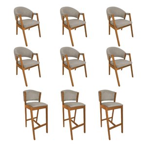 Kit 6 Cadeiras de Jantar Helen Madeira Maciça com 3 Banquetas Ana Cerejeira Premium Linho Bege