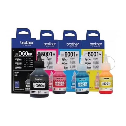 Kit 4 Refil de Tinta Brother D60 / 5001 Original 4x Cores para Mfc-t800w Btd60bk e Bt5001