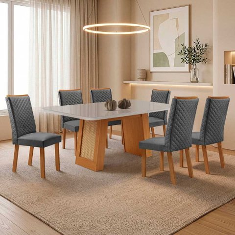 Mesa de Jantar Carolina 180cm Tampo MDF e Vidro Canto Copo com 6 Cadeiras Lira