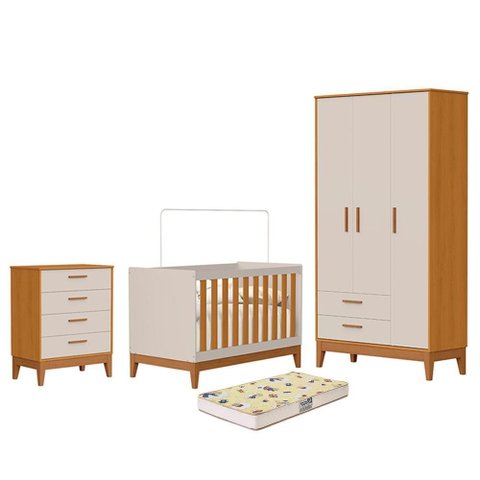 Dormitório Infantil Flip Guarda Roupa 3 Portas, Cômoda 4 Gavetas e Berço Areia Fosco/savana com