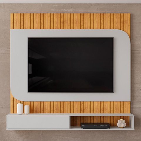 Painel Ripado TV 65 pol com Bancada Suspensa 150cm Ezra D05 Cedro Bali - Lyam Decor
