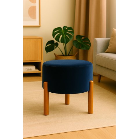 Puff Apolo Pes de Madeira Azul Veludo
