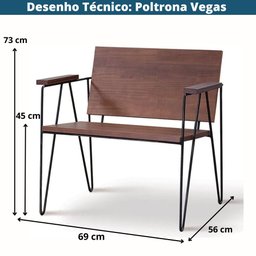 Poltrona Vegas Linha Industrial Daf Móveis em Madeira Maciça 20 mm Castanho Base Aço Carbono - 4