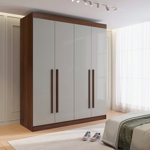 Guarda--Roupa Solteiro 100% MDF 4 Portas 3 Gavetas Paris Plus Marrom/Castanho/Off White