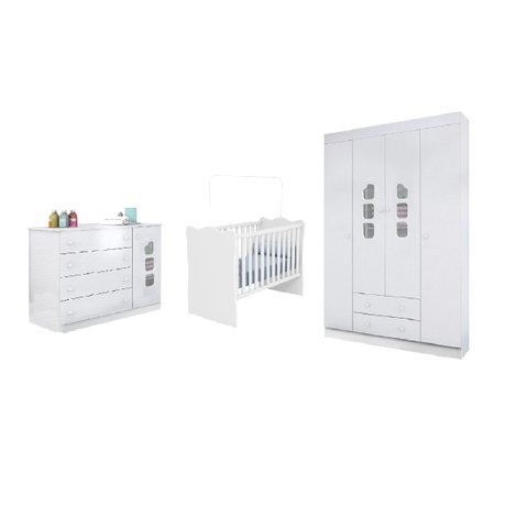 Jogo de Quarto Infantil Roupeiro e Cômoda 100% MDF + Berço Mini Cama Doce Sonho Branco