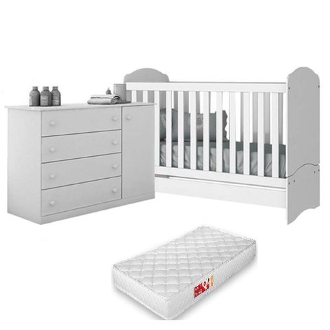 Cômoda Infantil Maria + Beço Mini Cama Pirulito Branco c/ Colchão - Bela Móveis