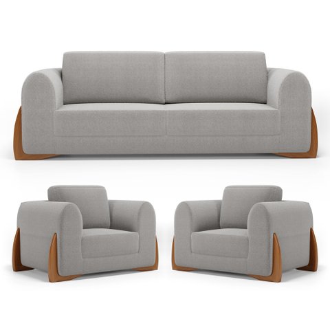 Kit 02 Poltronas e 01 Sofá Bloom 200cm 03 Lugares com Pés de Madeira Bouclê Cinza - Desk Design