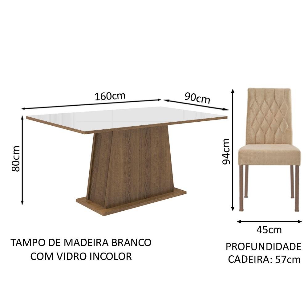 Conjunto Sala de Jantar Mesa Tampo de Vidro 6 Cadeiras Rustic/branco/imperial Stéfani Madesa - 3