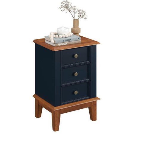 Mesa de Cabeceira Rústica Madeira Maciça 3 Gavetas Azul Petróleo - Apaixone & Decore
