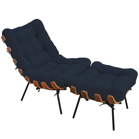 Kit Poltrona Costela com Puff Para Sala Veludo Azul Marinho