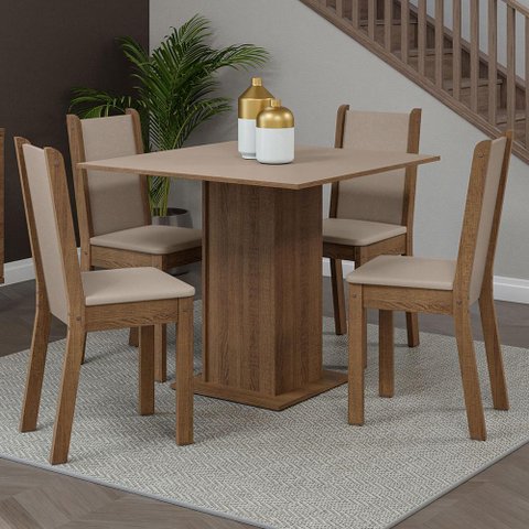 Conjunto Sala de Jantar Mesa Tampo de Madeira 4 Cadeiras Rustic/crema/sintético Bege Briana Madesa