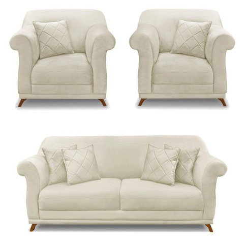 Kit 2 Poltronas E Sofá 2 Lugares 1,60m Veludo Bege