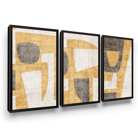 Trio de Quadros Abstratos Amarelo Cinza