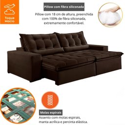 Sofá Retrátil e Reclinável 2,50cm com Pillow e Molas Ensacadas Montebello - Movenzo Estofados - 4