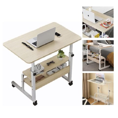 Mesa para Notebook 2 Prateleiras Ajustavel com Rodinhas Multiuso Home Office Cama Sofa Marfim Escriv