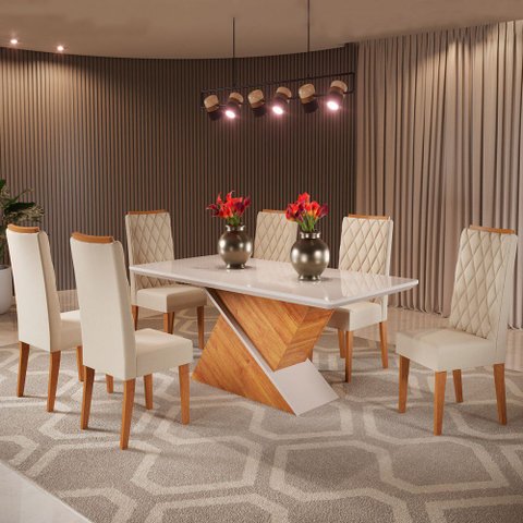 Mesa de Jantar 6 Lugares Porto Seguro com Vidro Mel/Nude/Off White - Panorama Móveis