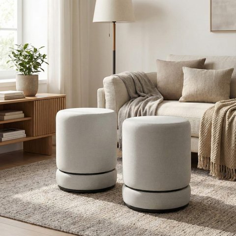 Conjunto de Puff Minimalista Redondo Elegante para Sala de Estar com Dois Detalhe Dourado - Várias C
