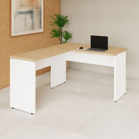 Mesa Escrivaninha 135cm Tampo 30mm Pés Painel F5 Office Cor:Macadâmia com Branco