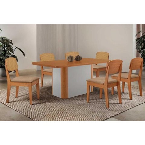 Conjunto: Mesa de Cozinha Pietá Tampo Curvo 180cm+6 Cadeiras Havana Naturale/off White - Linho Bege