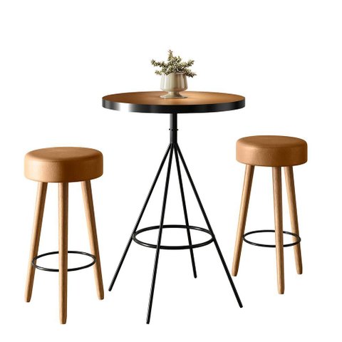 Conjunto Mesa Bistrô com 2 Banquetas Rubi Courino Caramelo | Aço Preto - Sallar Home