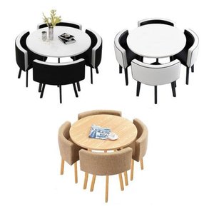 Conjunto Mesa Minimalista com 4 Cadeiras Compacta 1m2:base de Cadeiras com Aspecto de Madeira e Teci