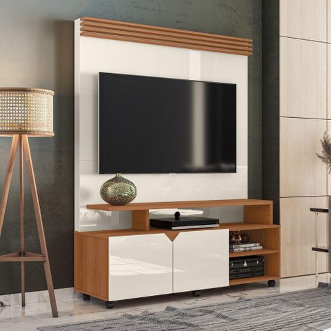Estante Home Berlim para Tv até 60 Polegadas 2 Portas Prateleira e Rodízio Off White/tauari -