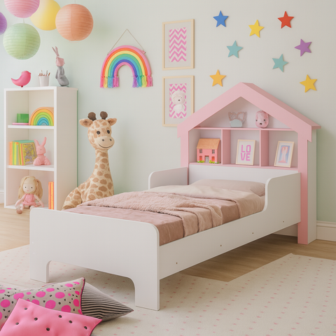 Cama Solteiro Casinha com Prateleira para Brinquedo e Proteção Lateral