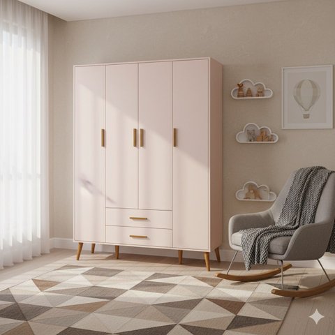 Guarda Roupa Infantil 4 Portas 2 Gavetas Isis Rosa Acetinado Pés Retrô P/ Quarto de Bebê - Reller