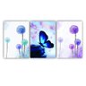 Quadro Flor e Borboletas Azul e Lilás Delicado - Kit 3 telas - 90 x 60 cm - Preta - 1
