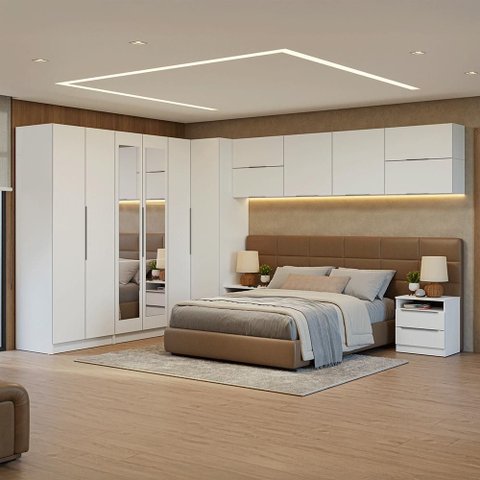Quarto Completo de Canto Casal 610 Cm com Mesa de Cabeceira Branco Neo Madesa