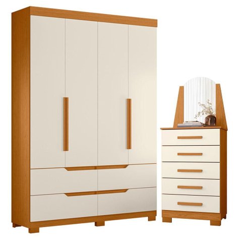 Guarda Roupa Solteiro Doble 04 Portas e Cômoda New Veneza Cinamomo Off White - Móveis Albatroz
