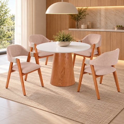 Conjunto Mesa Íris Redonda e 4 Cadeiras Serena Estofadas Madeira Maciça Espresso Móveis