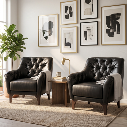 02 Poltronas Decorativas Tecido Sintético Preto com Tachas e Pés de Madeira Maciça Shaula Harmô
