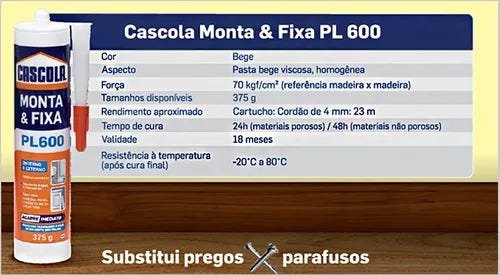Cola Cascola Monta E Fixa Pl 600 Interno Externo 375g Forte Original - 2