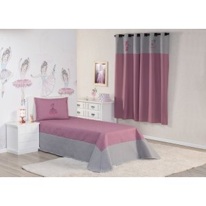 Kit Cobre Leito e Cortina Infantil Oxford Solteiro Feminino