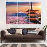 Quadro Decorativo - 3 Telas - Cerejeiras - Monte Fuji - Templo Japão - 180x120 - 3