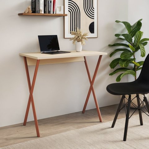 Mesa Home Office X 90x53 com Base em Ferro para Computador e Estudo - Ferro Cobre Tampo Off White