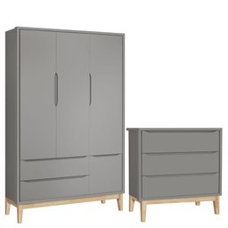 Cômoda Gaveteiro e Guarda Roupa Infantil 3 Portas New Classic Cinza com Pés Madeira Natural - Reller - 1 Cômoda Gaveteiro e Guarda Roupa Infantil 3 Portas New Classic Cinza com Pés Madeira Natural - Reller - 1