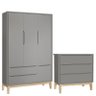 Cômoda Gaveteiro e Guarda Roupa Infantil 3 Portas New Classic Cinza com Pés Madeira Natural - Reller - 1