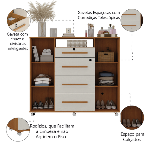 Cômoda Sapateira com Chave 4 Gavetas 2 Portas Versátil Zanzini