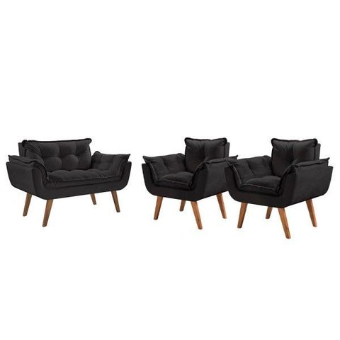 Conjunto Poltrona Namoradeira e 02 Poltronas Pés em Madeira Opalla D Salla Suede Preta
