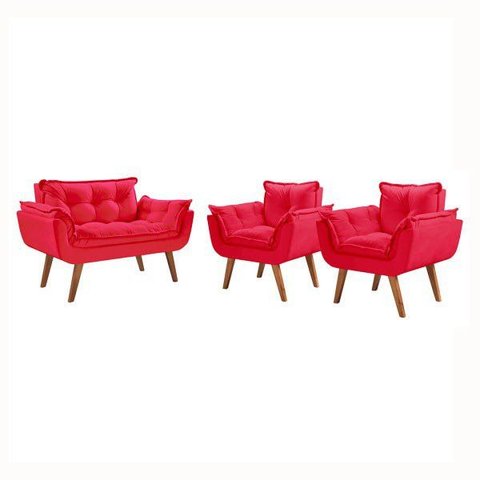 Conjunto Poltrona Namoradeira e 02 Poltronas Pés em Madeira Opalla D Salla Suede Vermelho