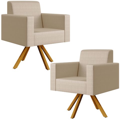 Kit 02 Poltronas Decorativa Base Giratória de Madeira Helô L02 Facto Pérola Metalizado - Lyam