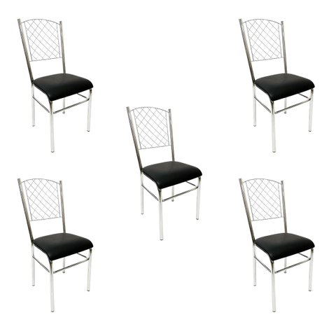 Kit 5 Cadeiras de Cozinha com Reforço Cromada Encosto Grade Assento Preto - Poltronas do Sul